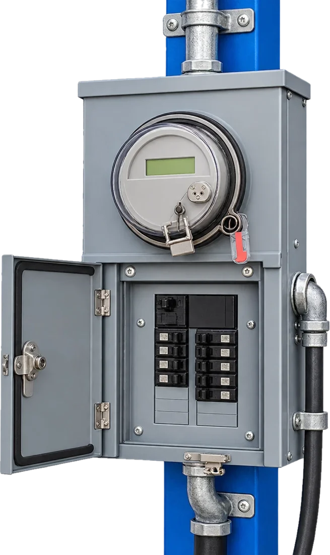Meter and breaker panel on a temporary power pole